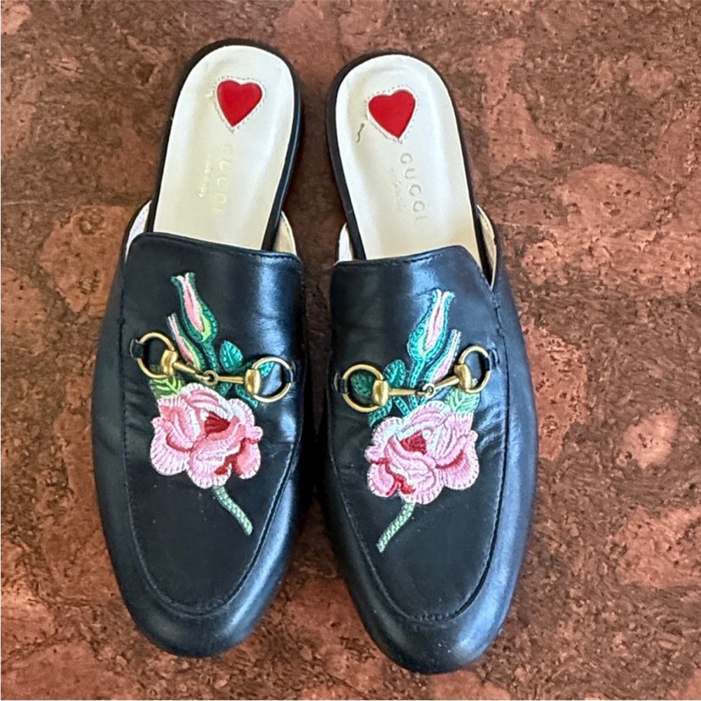 Black Leather Floral Embroidered Horsebit Mules